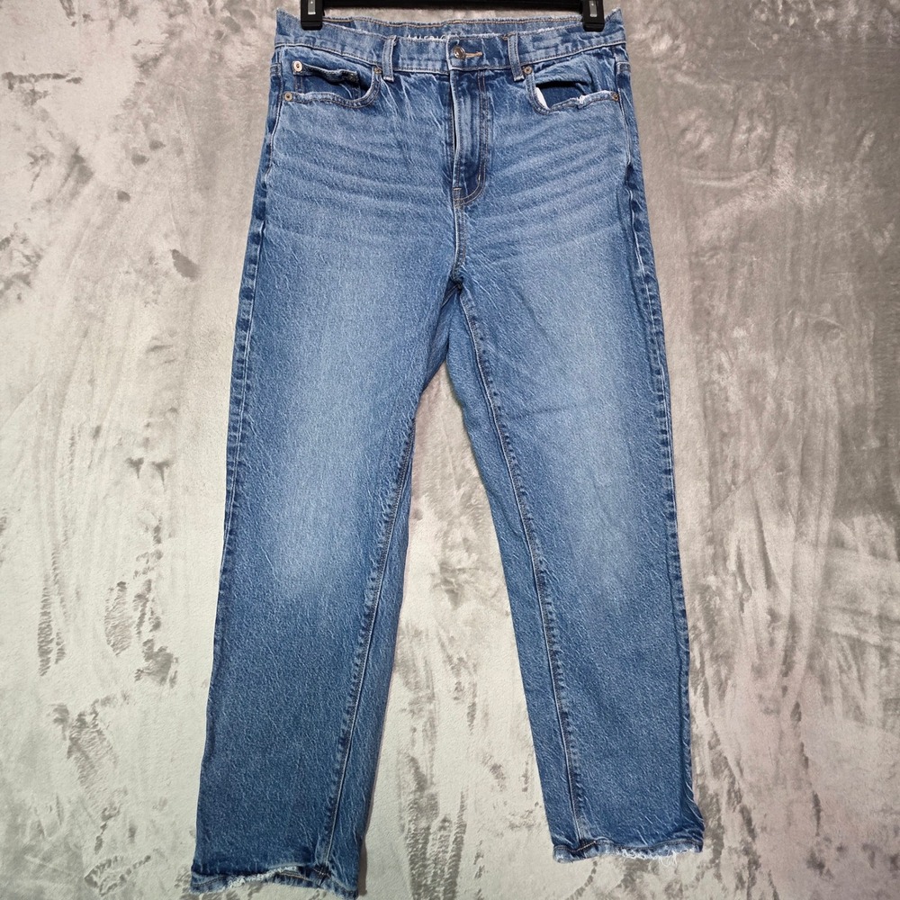 American Eagle Stretch High Waisted Straight Leg Jeans Blue 10 Short Raw Hem